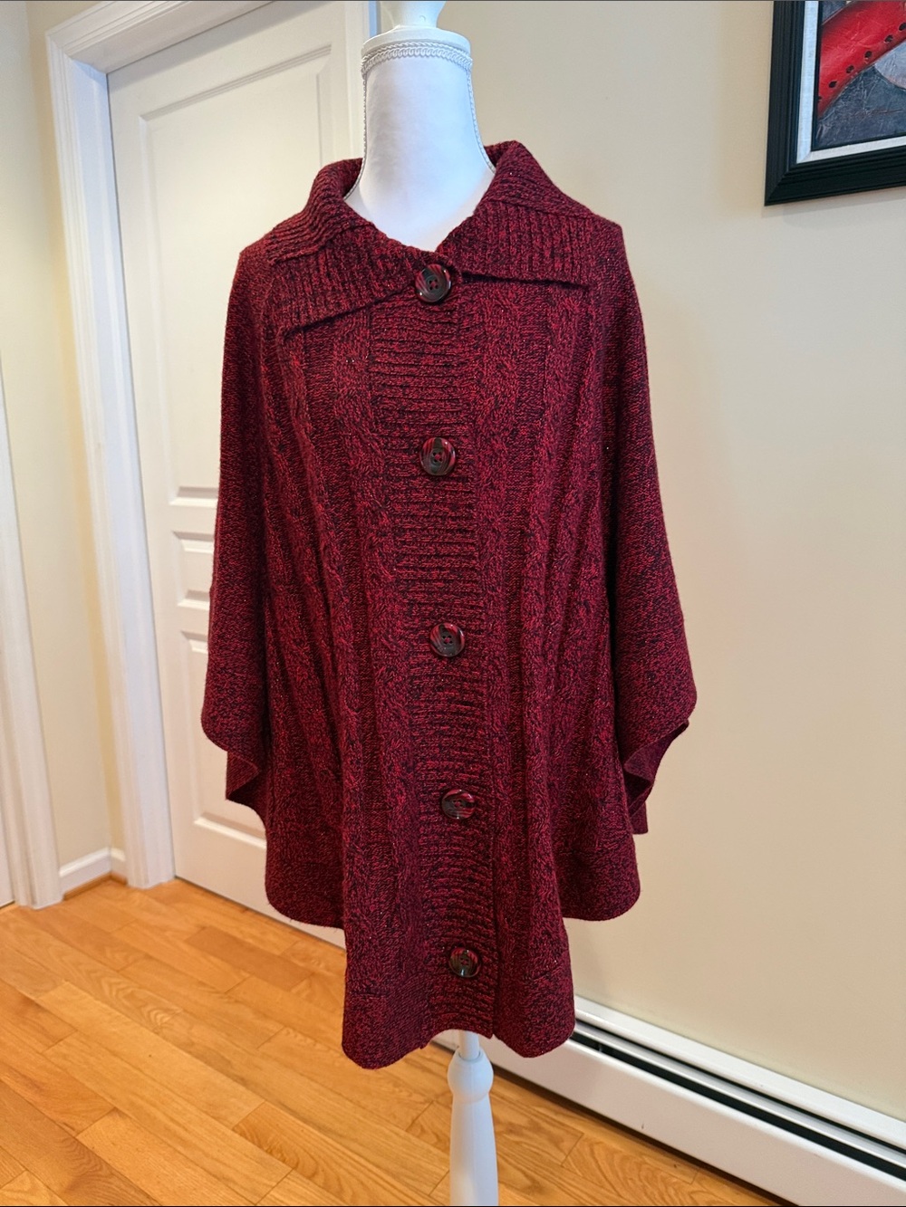 Chico's Sultry Red Button-Front Sweater Knit Chianti Cape Wrap